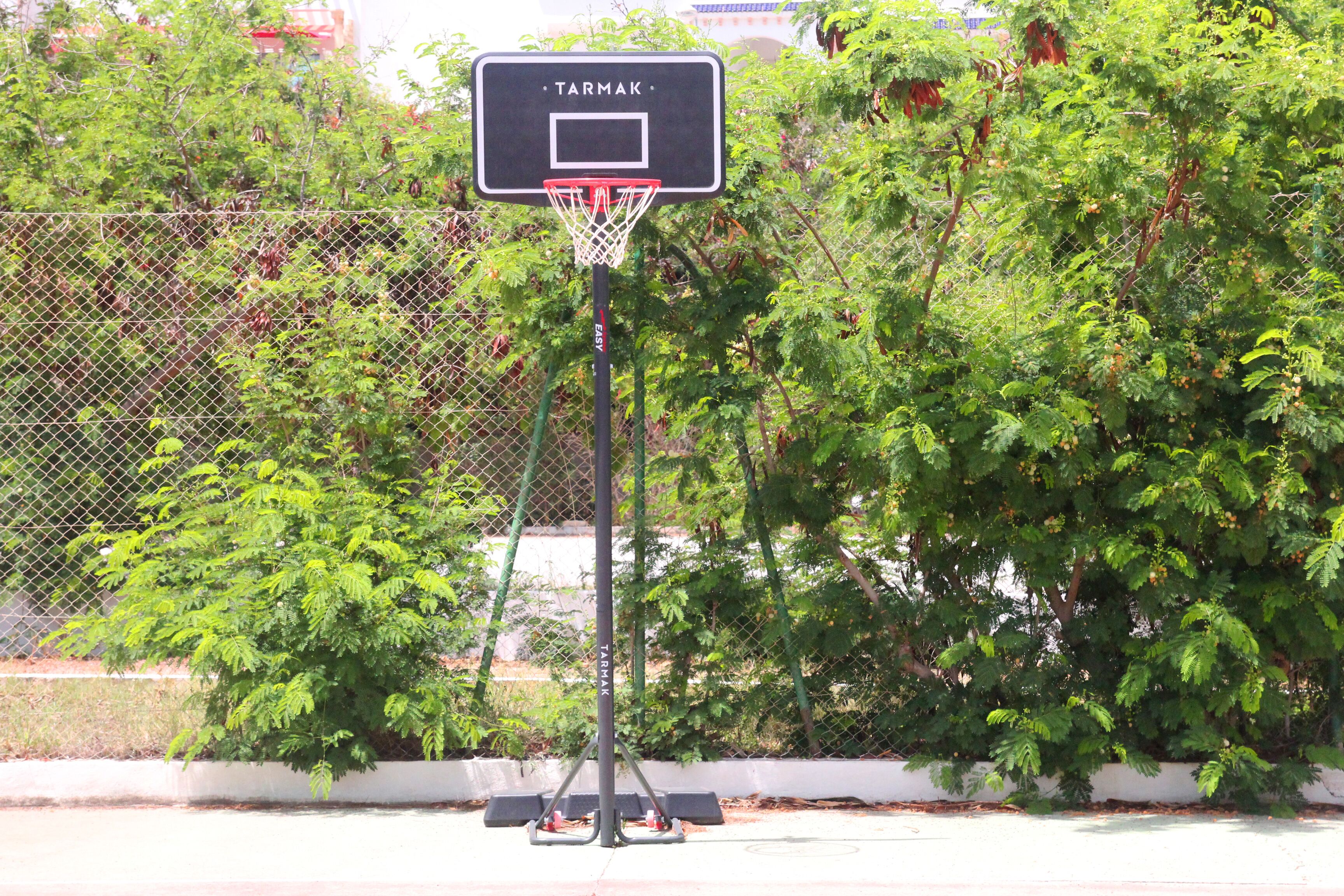 A basketball hoop with the brand name "TARMAK" on a metal pole, surrounded by a chain-link fence and lush green foliage.