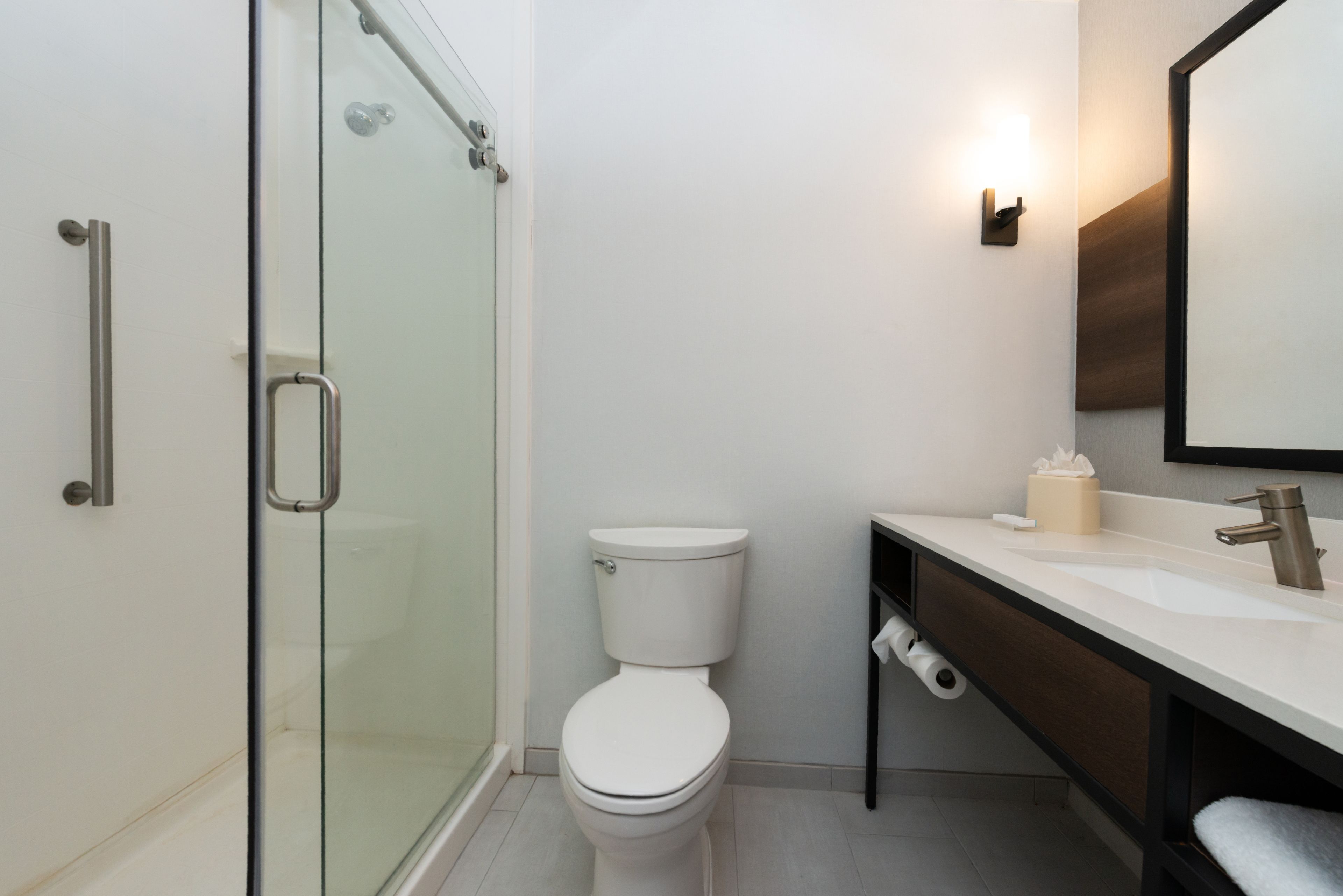 A modern bathroom with a glass shower enclosure, a white toilet, and a vanity with a mirror.