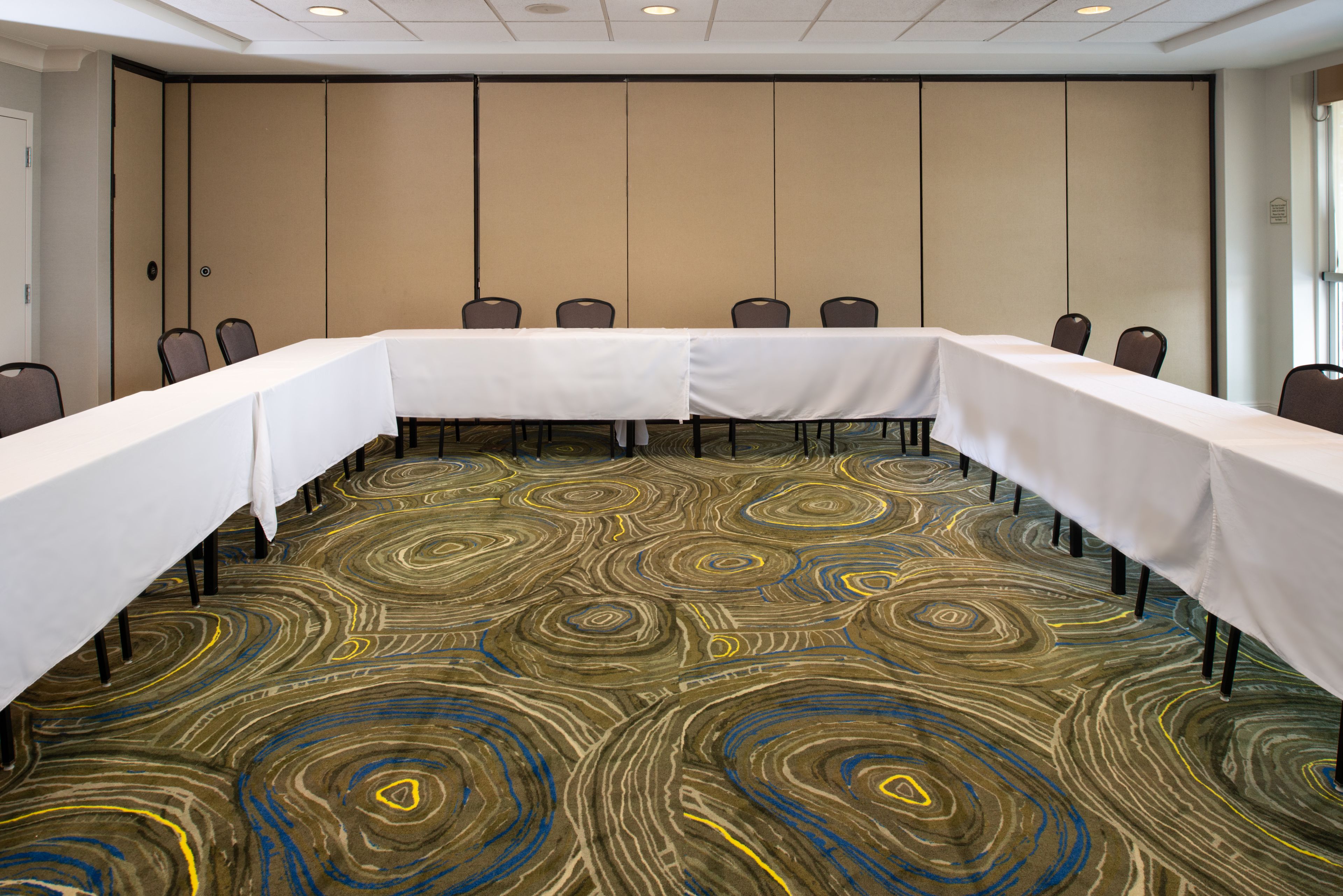 A conference room with a long table, chairs, and a patterned carpet.