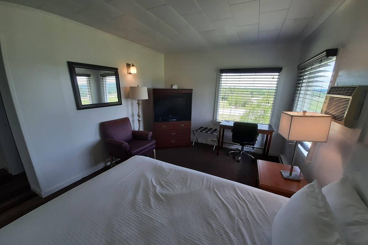 A hotel room with a bed, a desk, a chair, a TV, and a window with blinds.