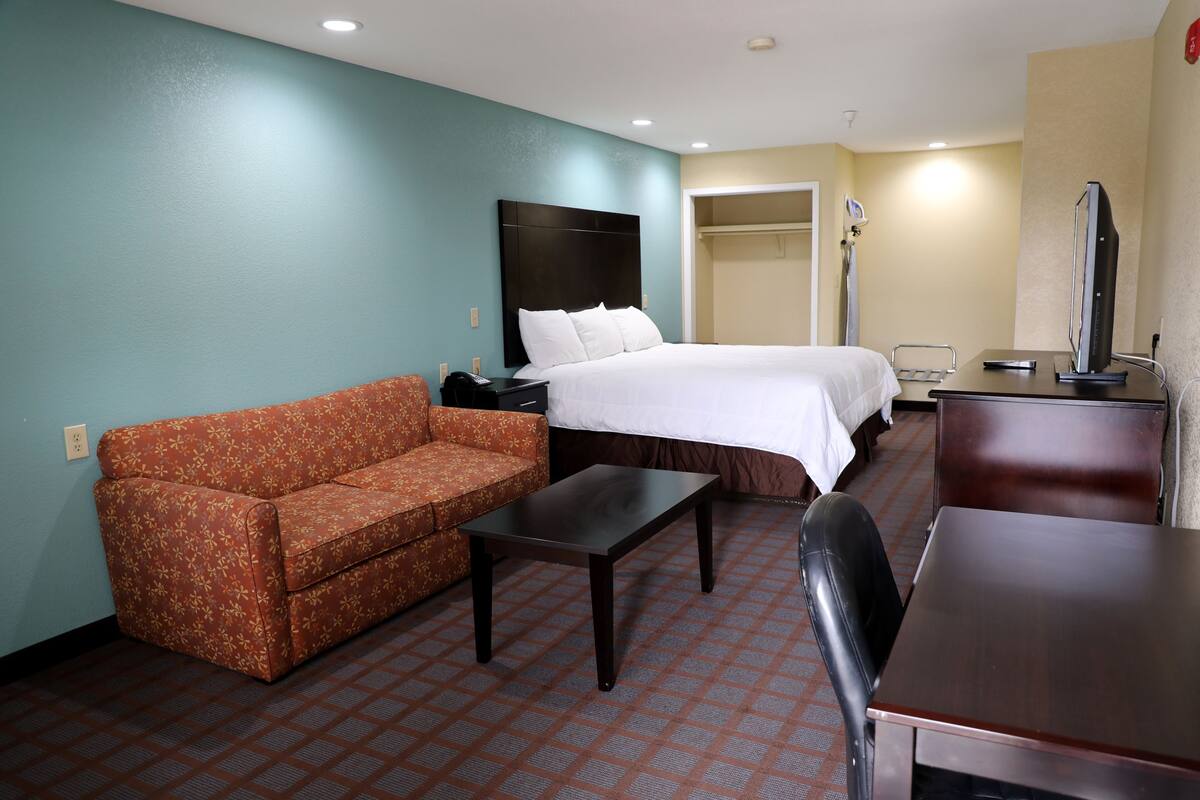 A hotel room with a bed, a sofa, a desk, and a chair.