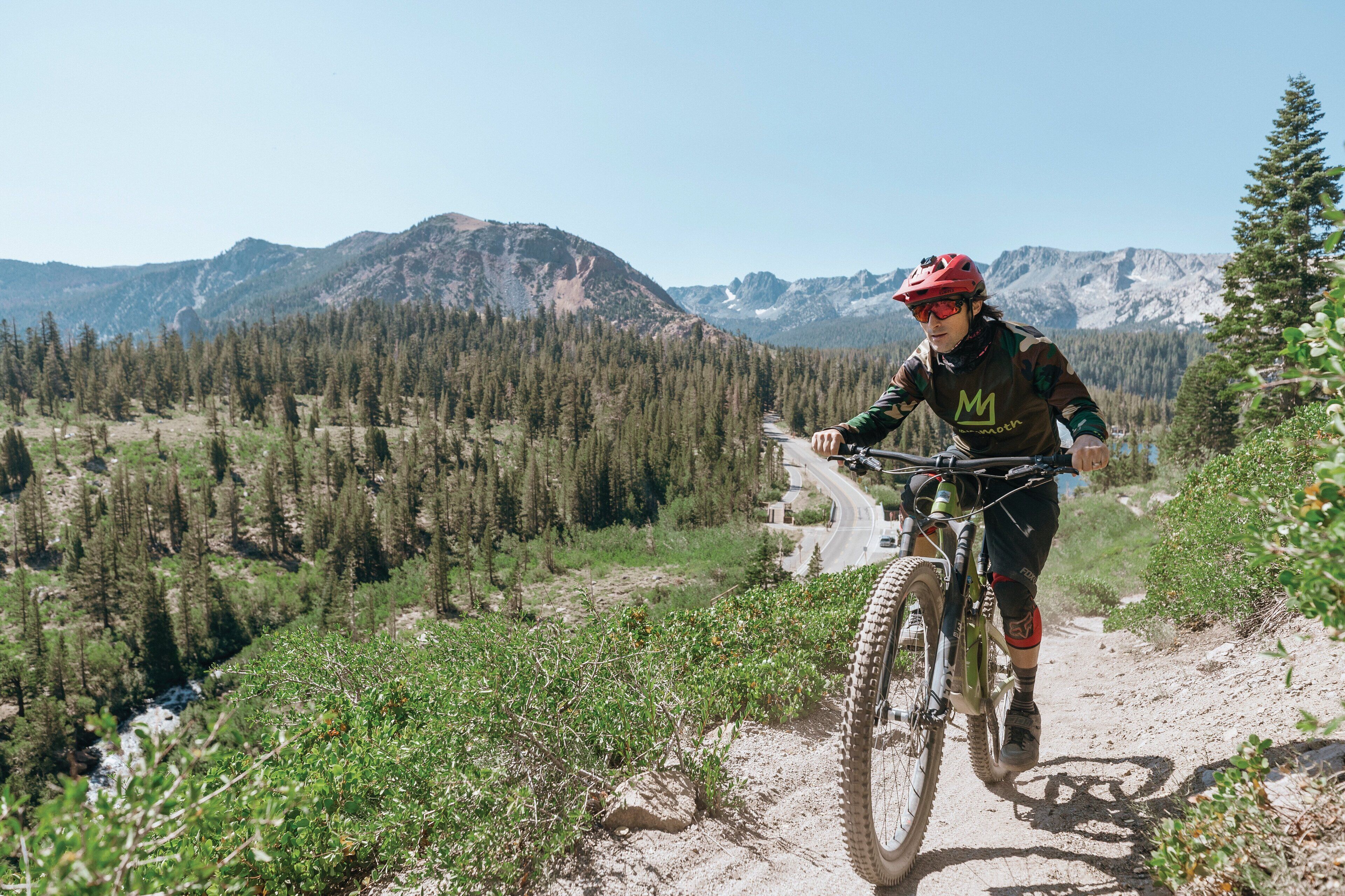 A mountain biker on a dirt trail with a view of a forest and mountains in the background.