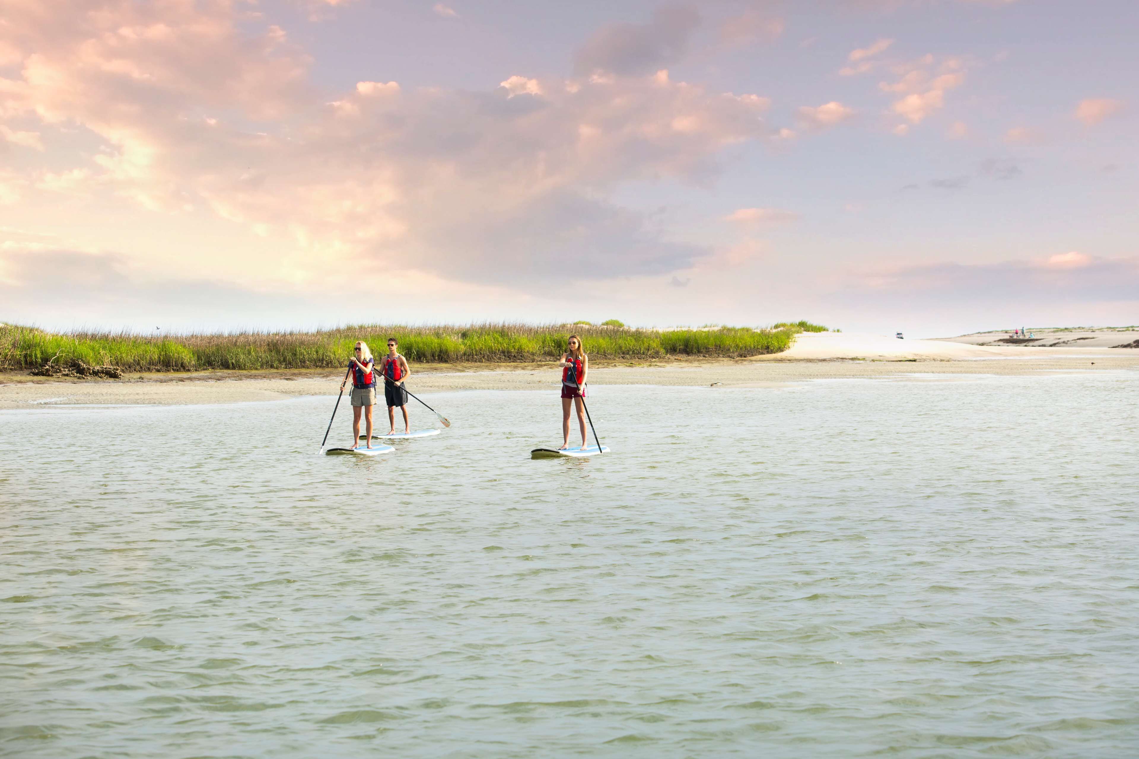 Tre persone che fanno paddleboarding su acque calme, con una spiaggia e un'area erbosa sullo sfondo.