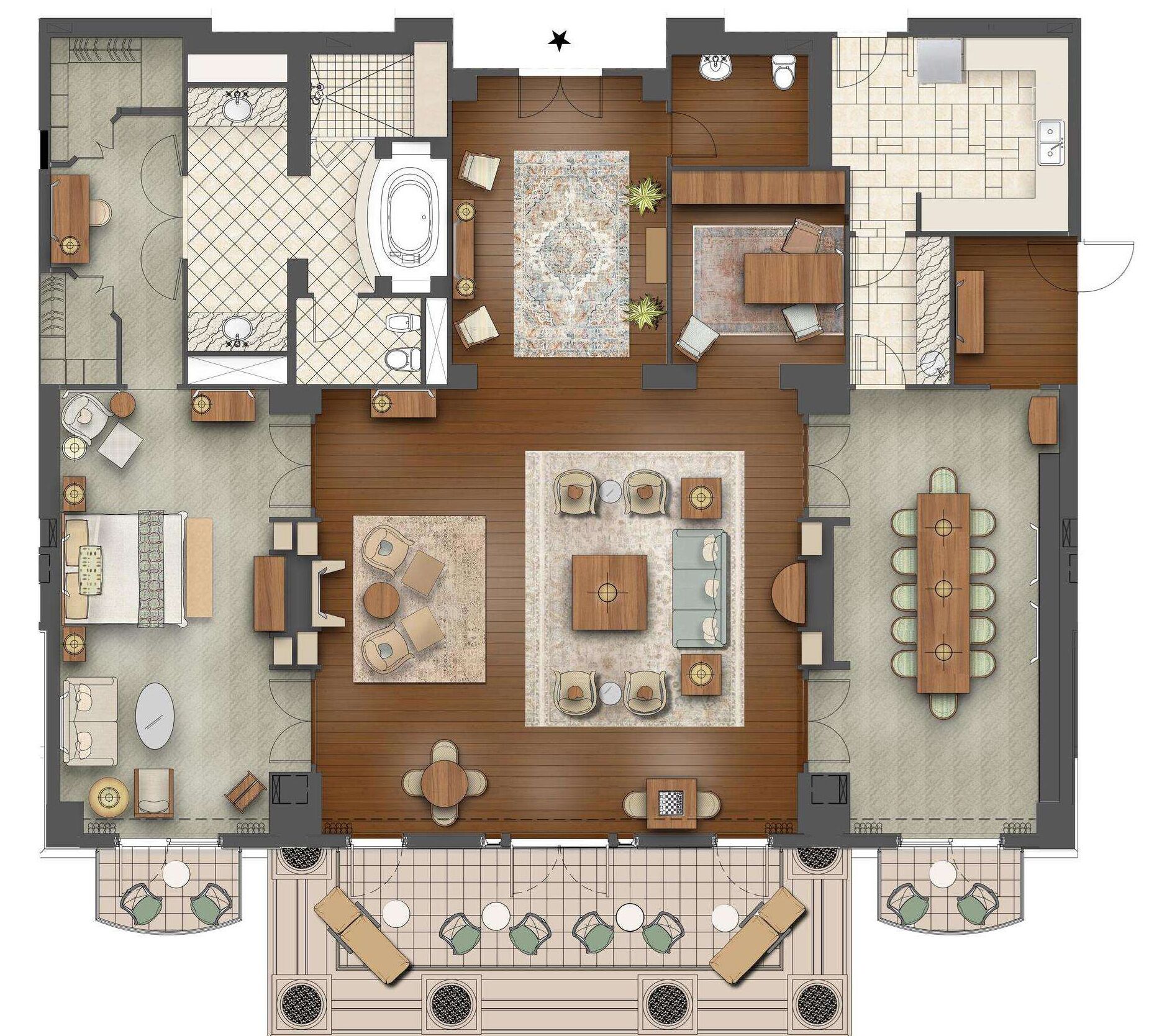 A hotel layout with a central open-plan living area, multiple bedrooms, a bathroom, and a small kitchen.