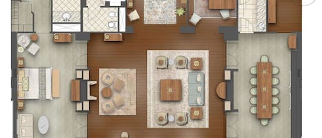 A hotel layout with a central open-plan living area, multiple bedrooms, a bathroom, and a small kitchen.