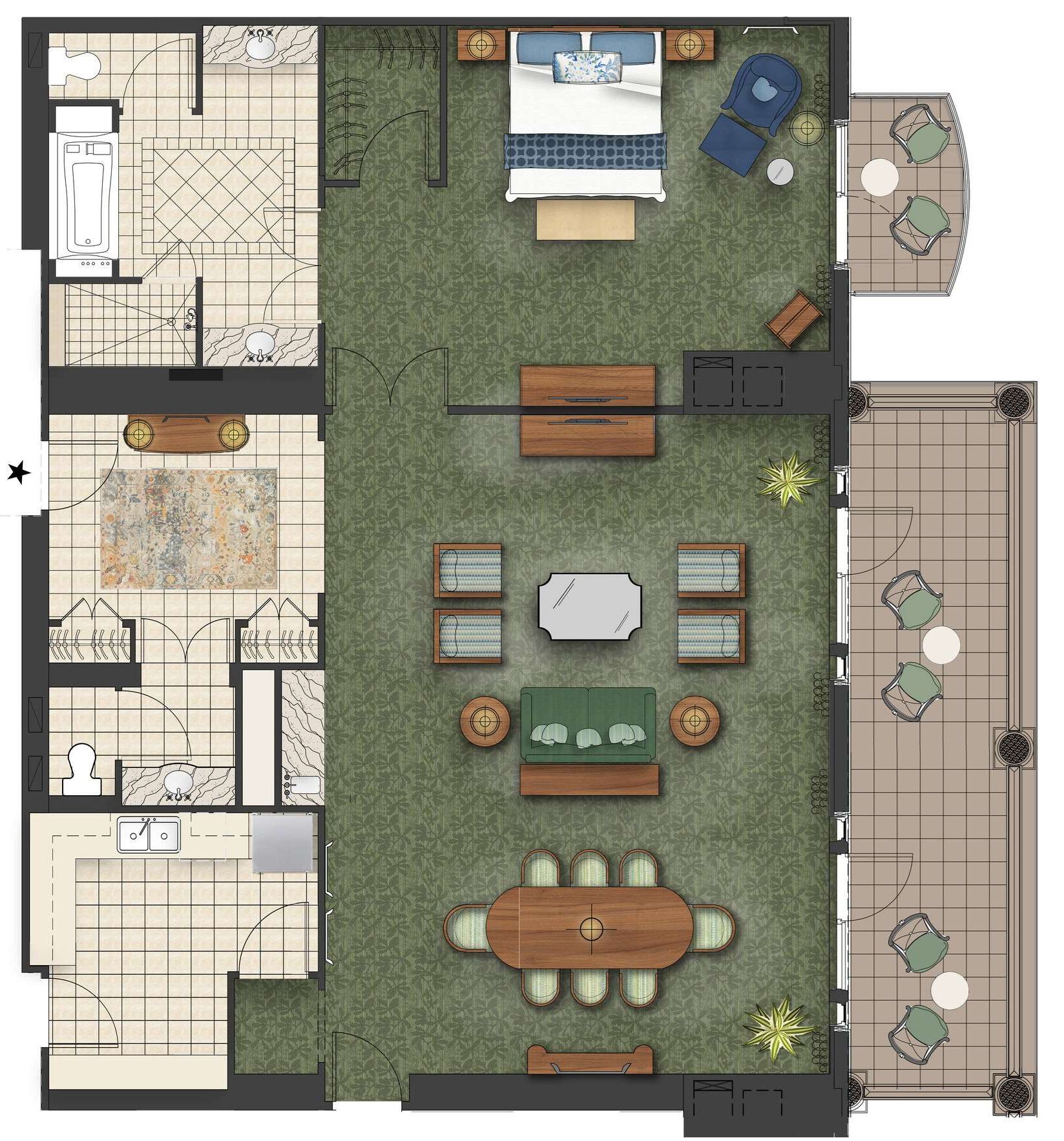 Un plan d’aménagement de chambre d’hôtel comprenant un lit, un coin salon et une table à manger.