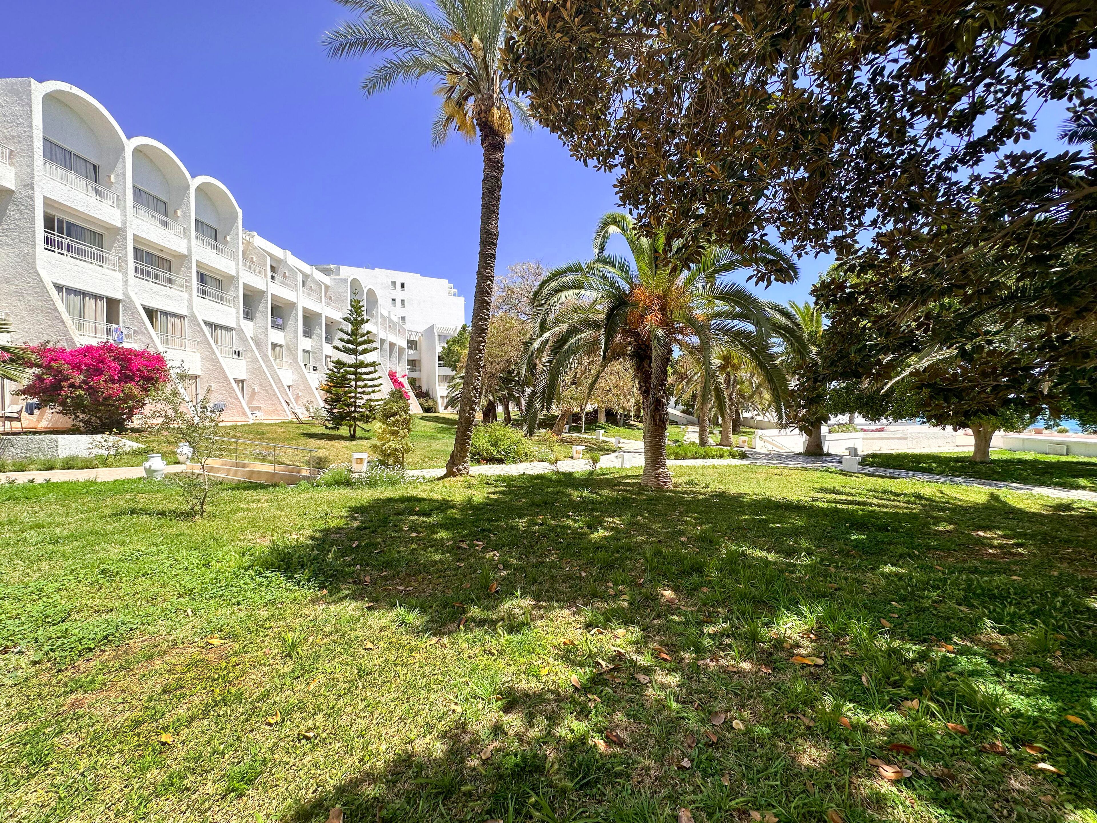 Un edificio moderno con varios balcones y un jardín bien cuidado, con palmeras y una planta floreciente de color rosa.