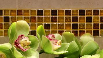Close-up de flores de orquídea, com um painel de azulejos ao fundo.
