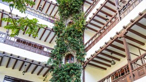Un immeuble à plusieurs étages, doté de balcons en bois et d’une colonne centrale recouverte de verdure.