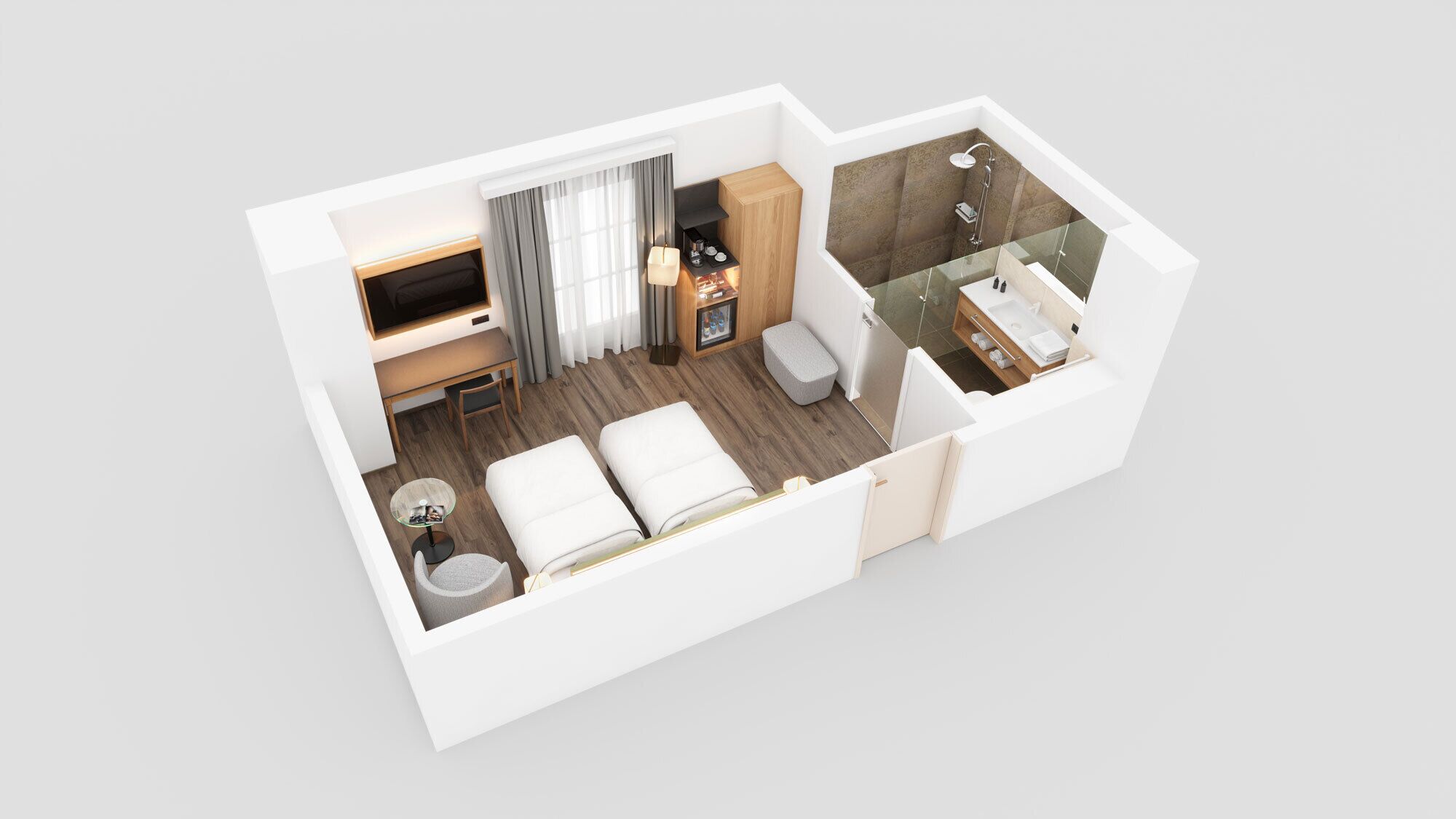 A hotel room layout with a bed, desk, chair, TV, and a bathroom with a shower and sink.