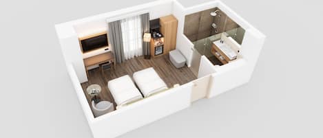 A hotel room layout with a bed, desk, chair, TV, and a bathroom with a shower and sink.