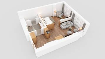 Un appartement moderne avec une cuisine, un coin repas, un salon et un petit balcon.