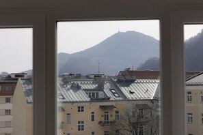Vista a través de una ventana de un edificio de varios pisos, con una montaña al fondo.