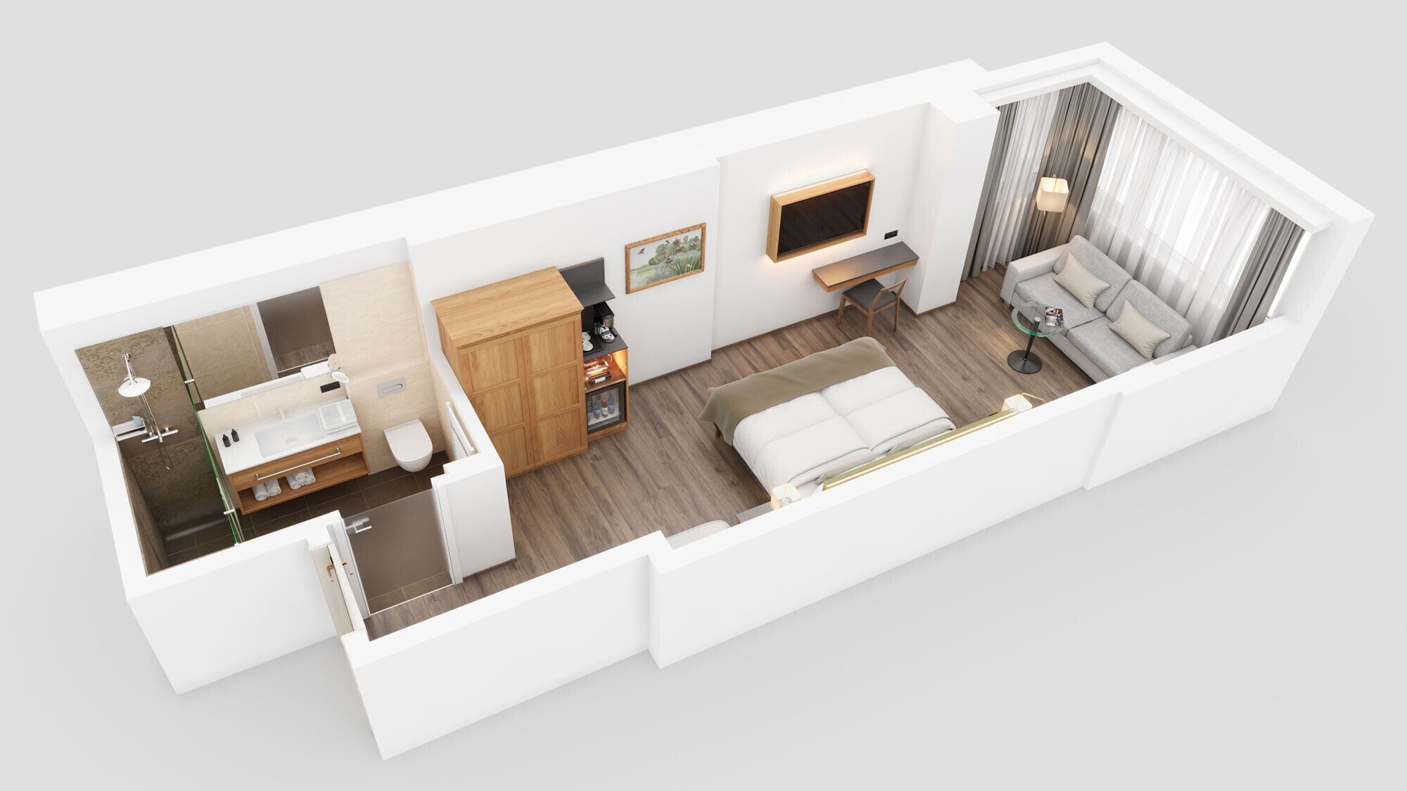 Un appartement moderne comprenant un espace de vie, une chambre, une salle de bain et un coin repas.