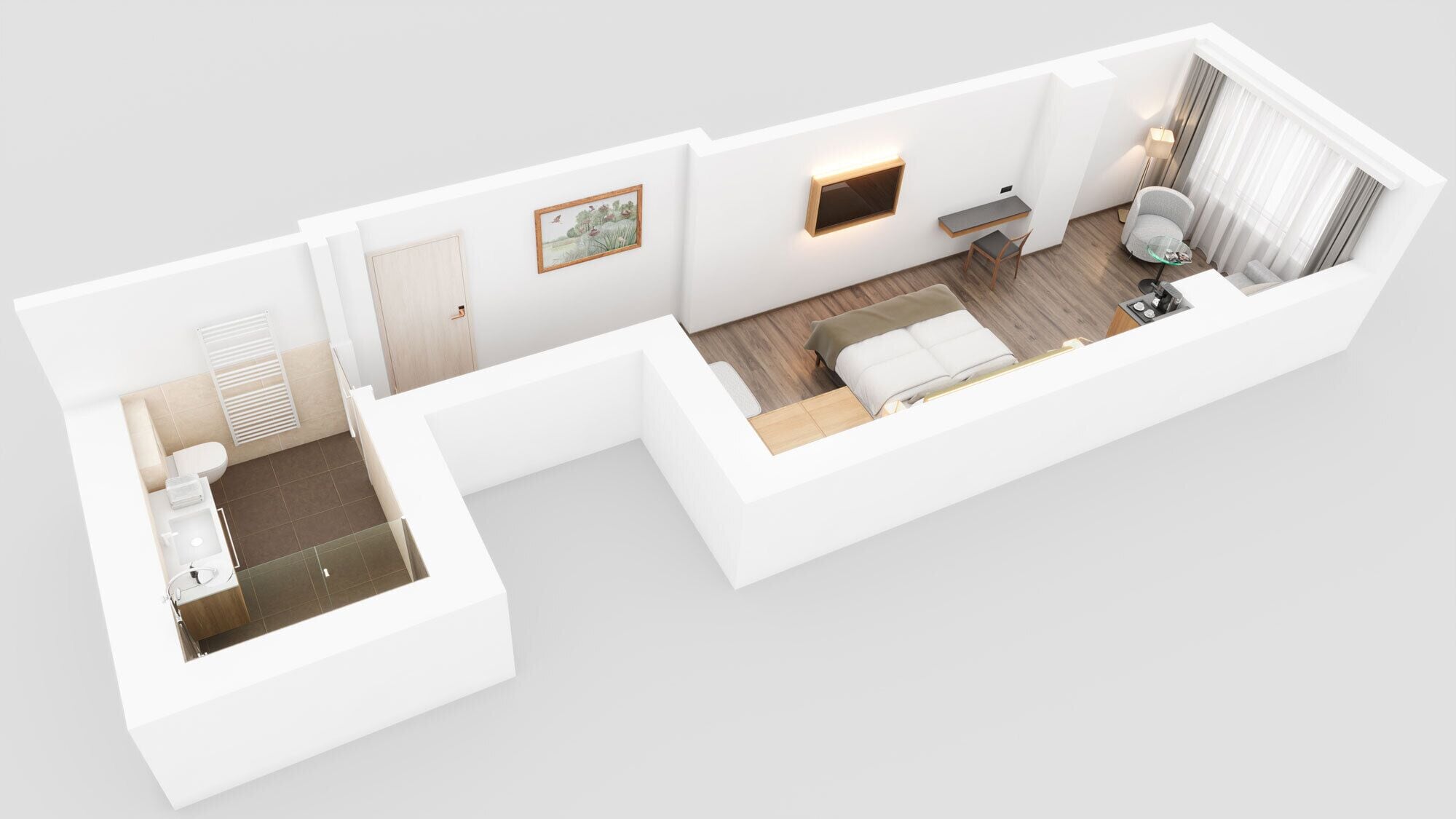 A modern apartment layout with a bathroom, a living area with a sofa and a dining table, and a kitchen.