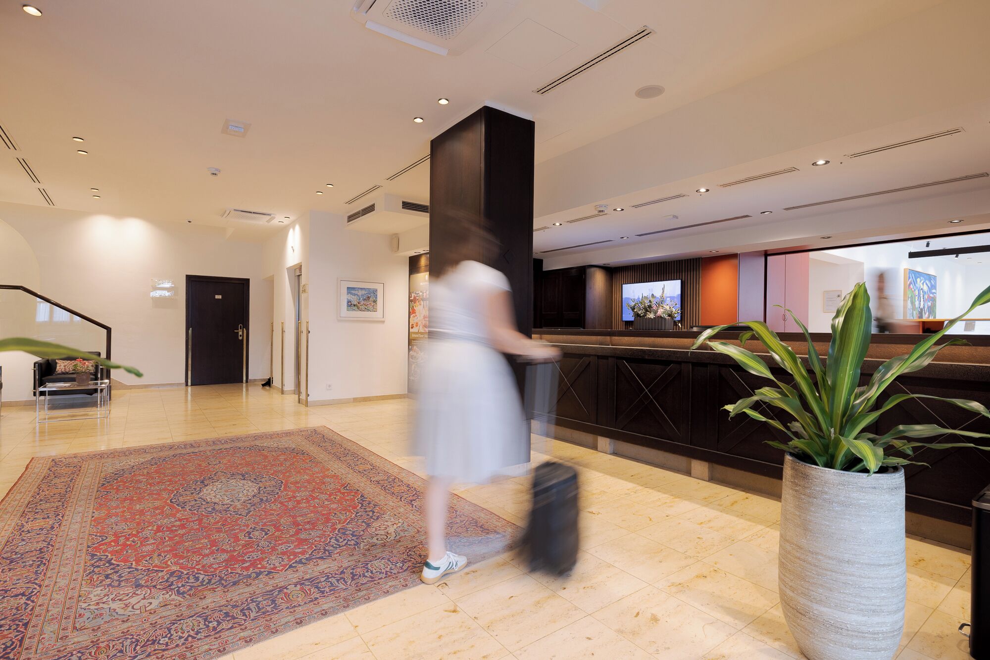 A hotel lobby with a reception desk, a large carpet, and a potted plant.
