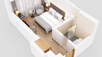 Distribución en 3D de una habitación de hotel que incluye cama, mesita de noche, silla y un pequeño escritorio.