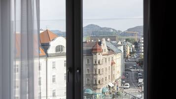 A view through a window of a cityscape with buildings, a bridge, and a road.