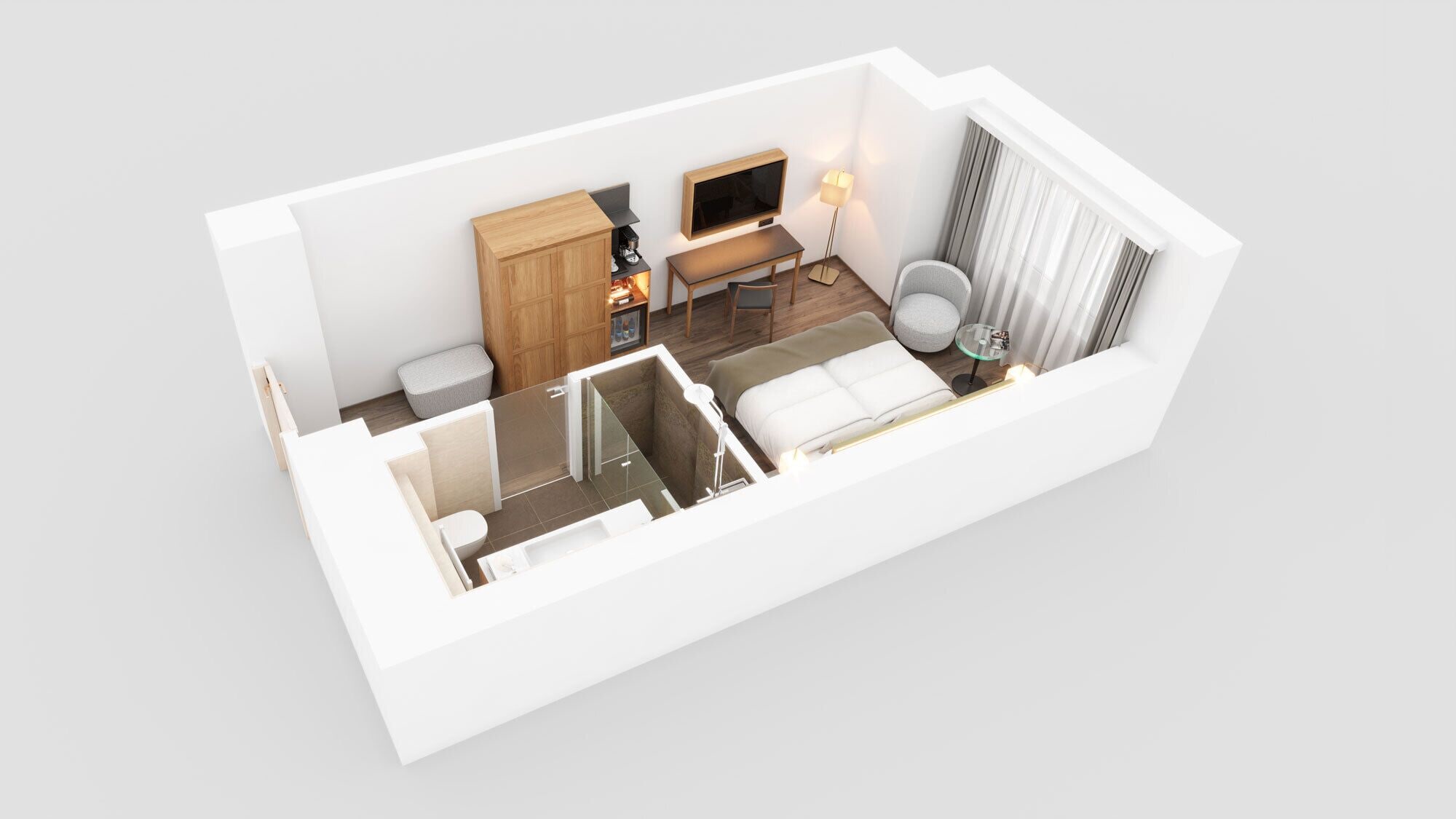 A 3D model of a modern hotel room with a bed, a TV, a desk, and a bathroom.