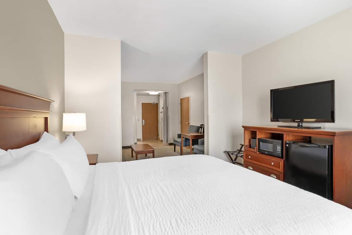 Een hotelkamer met een bed, een televisie, een magnetron en een koelkast.