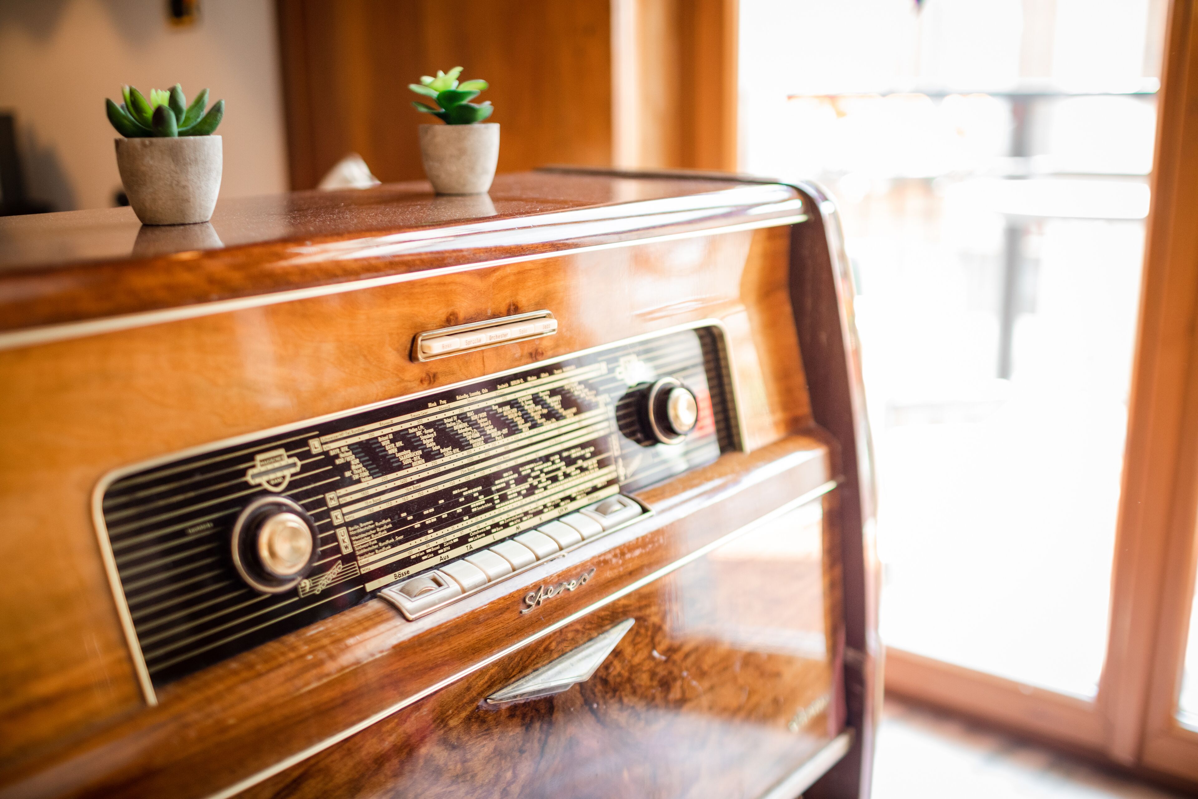 Une radio ancienne, avec un boîtier en bois, et deux petites plantes en pot posées sur le dessus.