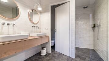 A modern bathroom with two sinks, a mirror, and a shower area.