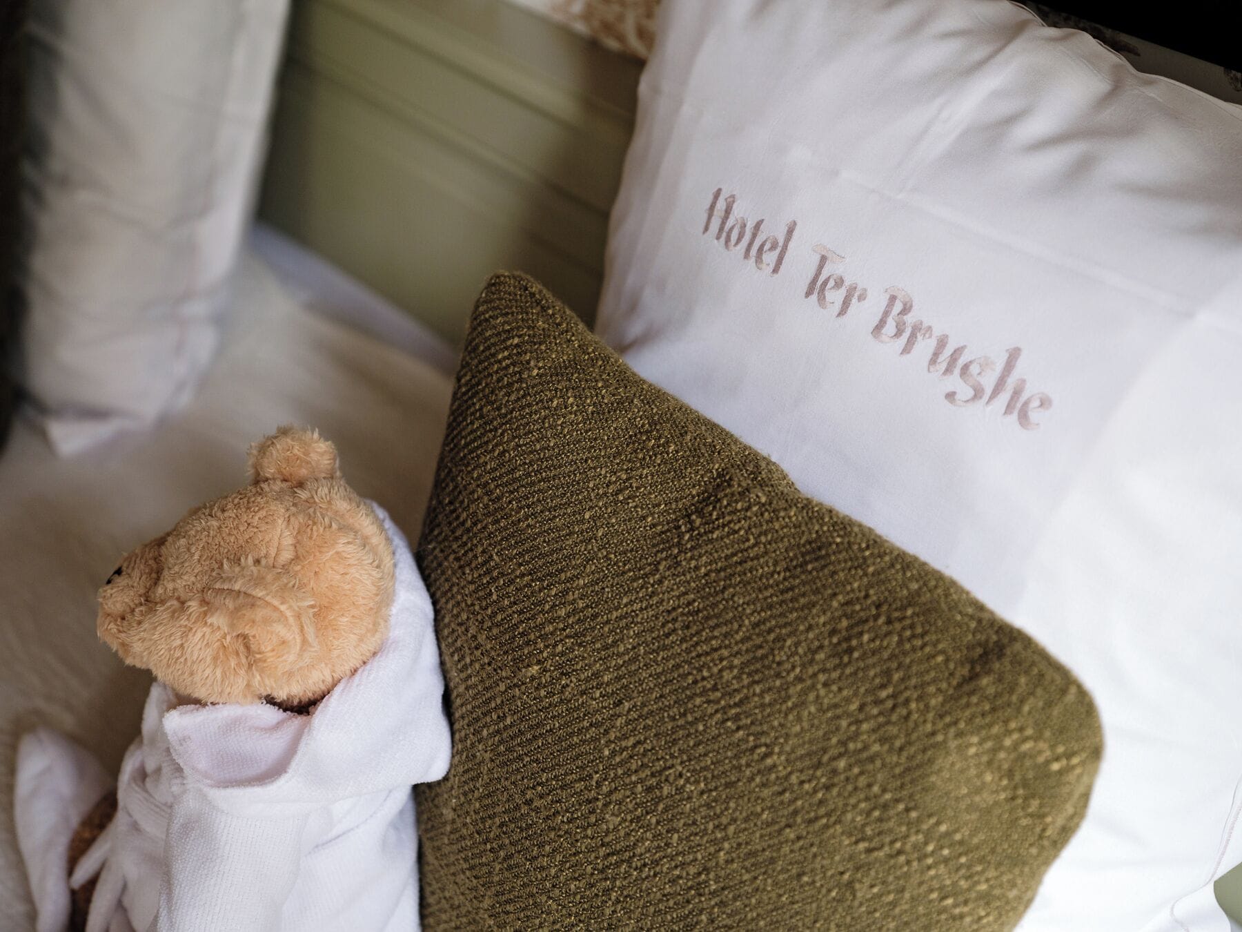 A bed with a teddy bear and a pillow with the text "Hotel Ter Brush".