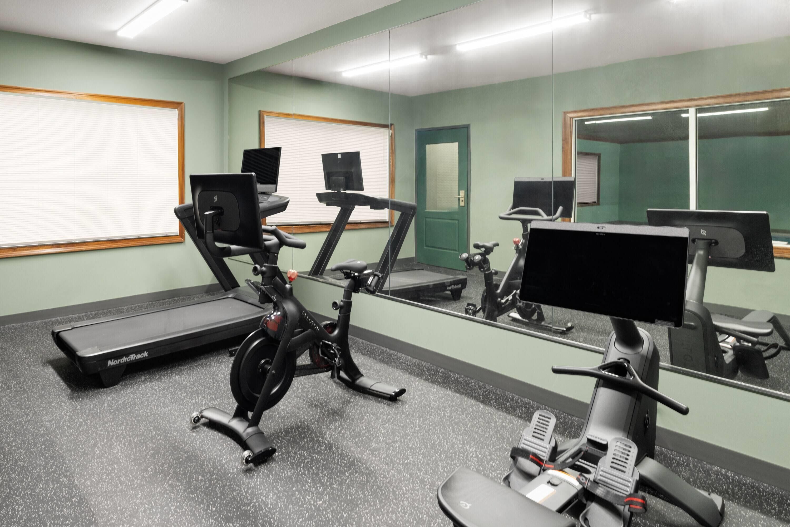 A gym with treadmills, stationary bikes, and a mirrored wall.