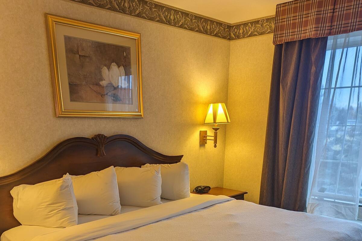 A hotel room with a large bed, a nightstand, a wall-mounted lamp, a framed picture, and a window with curtains.