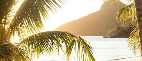 On the beach, sun-loungers, beach umbrellas, beach towels