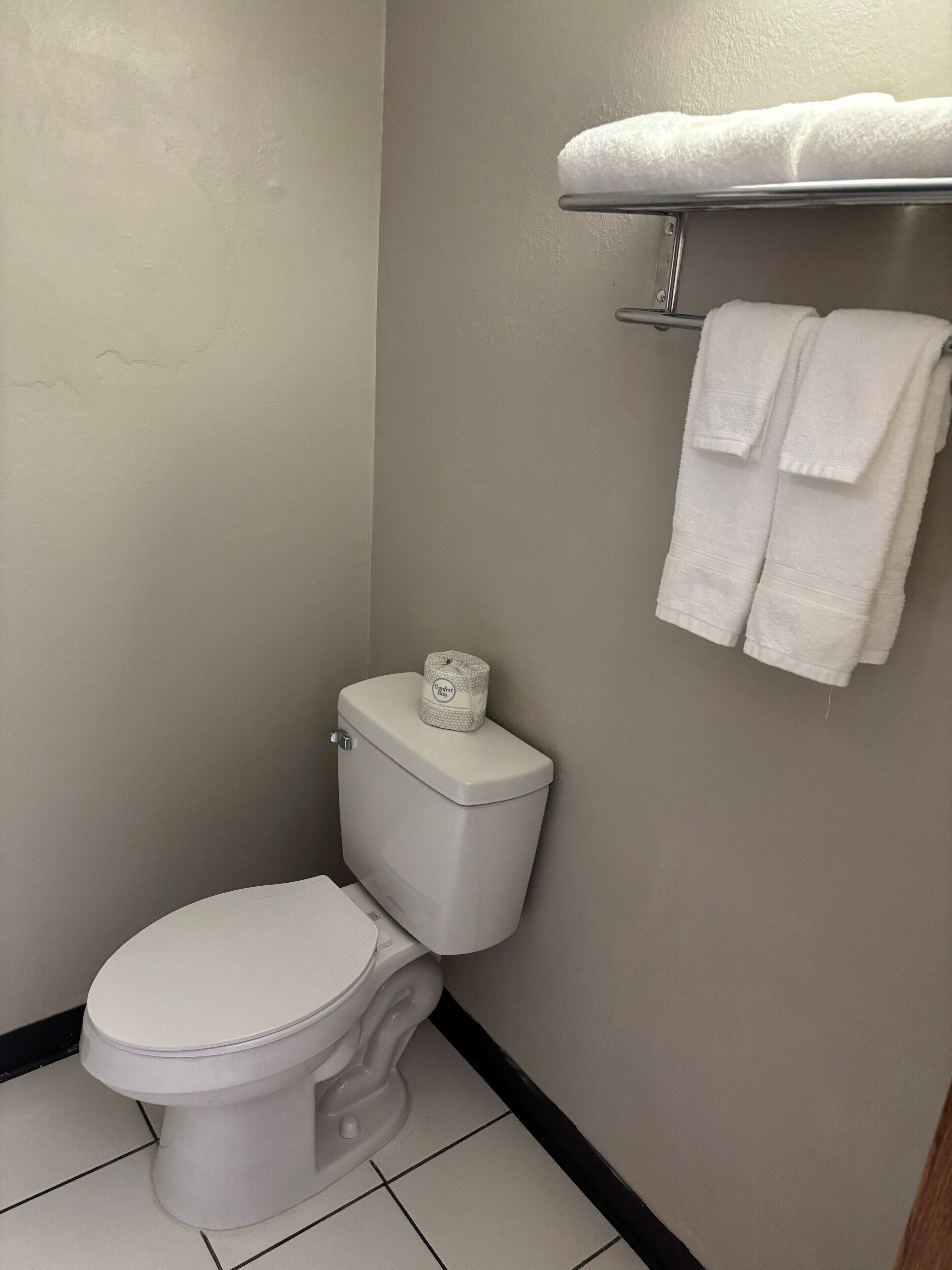 Ein Badezimmer mit Toilette, einem Handtuchhalter mit zwei Handtüchern und einem Toilettenpapierhalter an der Wand.