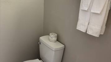 Ein Badezimmer mit Toilette, einem Handtuchhalter mit zwei Handtüchern und einem Toilettenpapierhalter an der Wand.