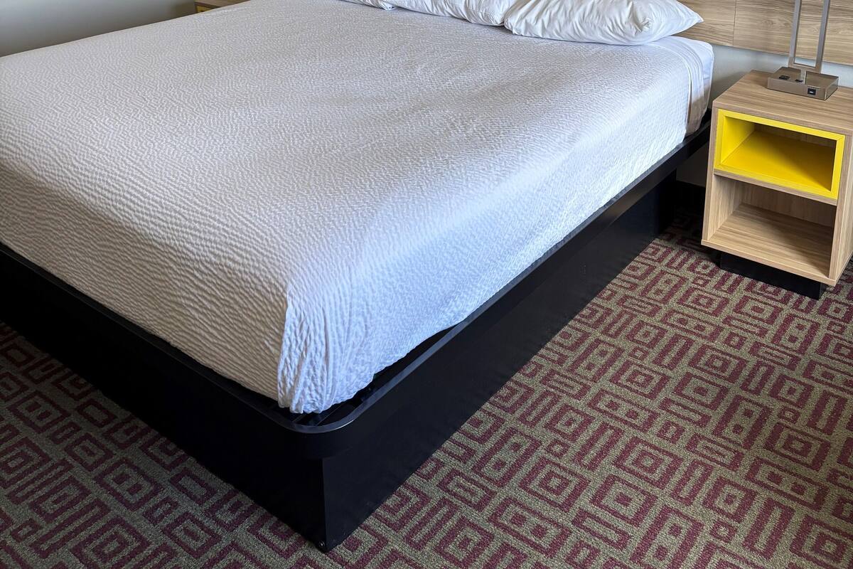 A hotel room with a large bed, two bedside lamps, a framed picture of a tree, and a patterned carpet.