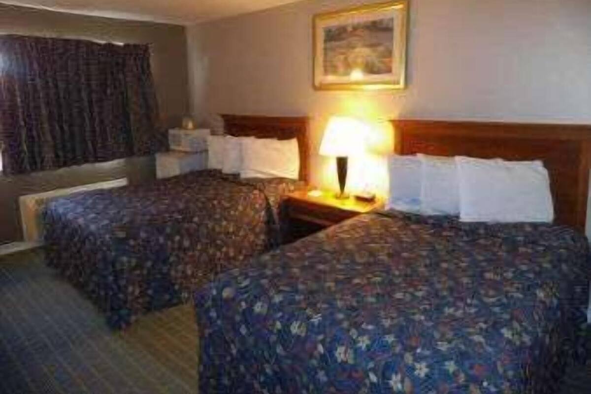 A hotel room with two beds, a nightstand, a lamp, and a painting on the wall.