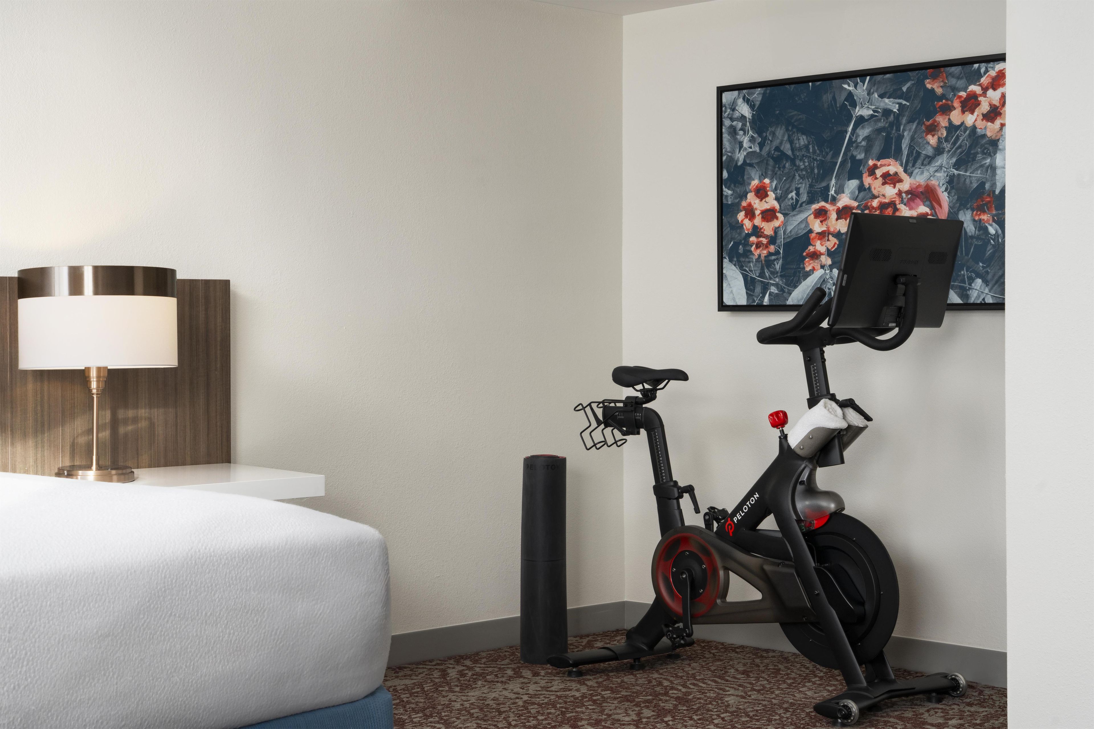 A hotel room with a bed, a standing lamp, a wall-mounted exercise bike, and a floral painting.