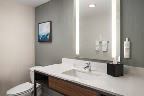 Ein modernes Badezimmer mit einem weißen Waschbecken, einem Spiegel, einem gerahmten Kunstwerk und einer Toilette.