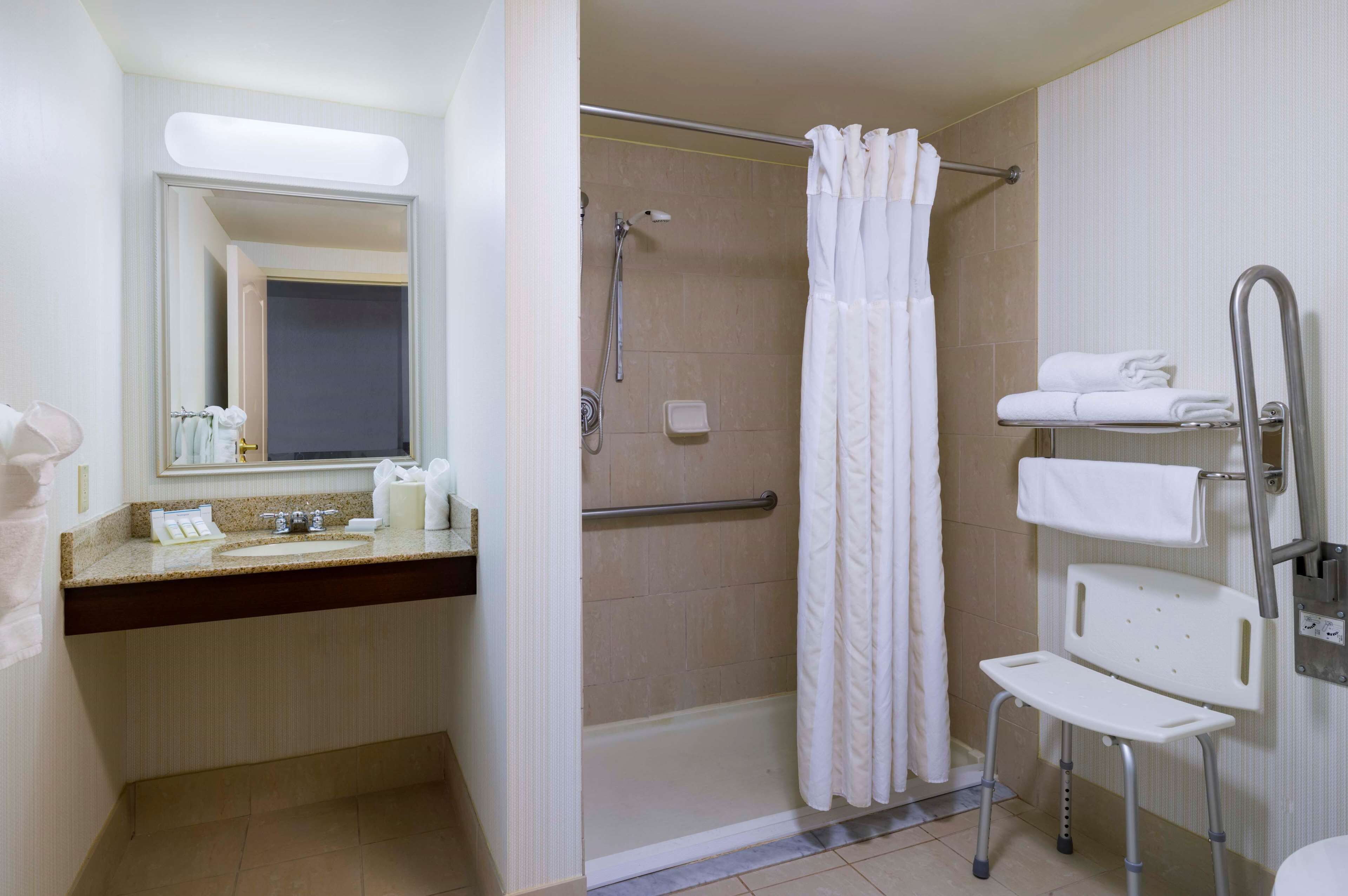 combined shower/bathtub, free toiletries, hair dryer, towels