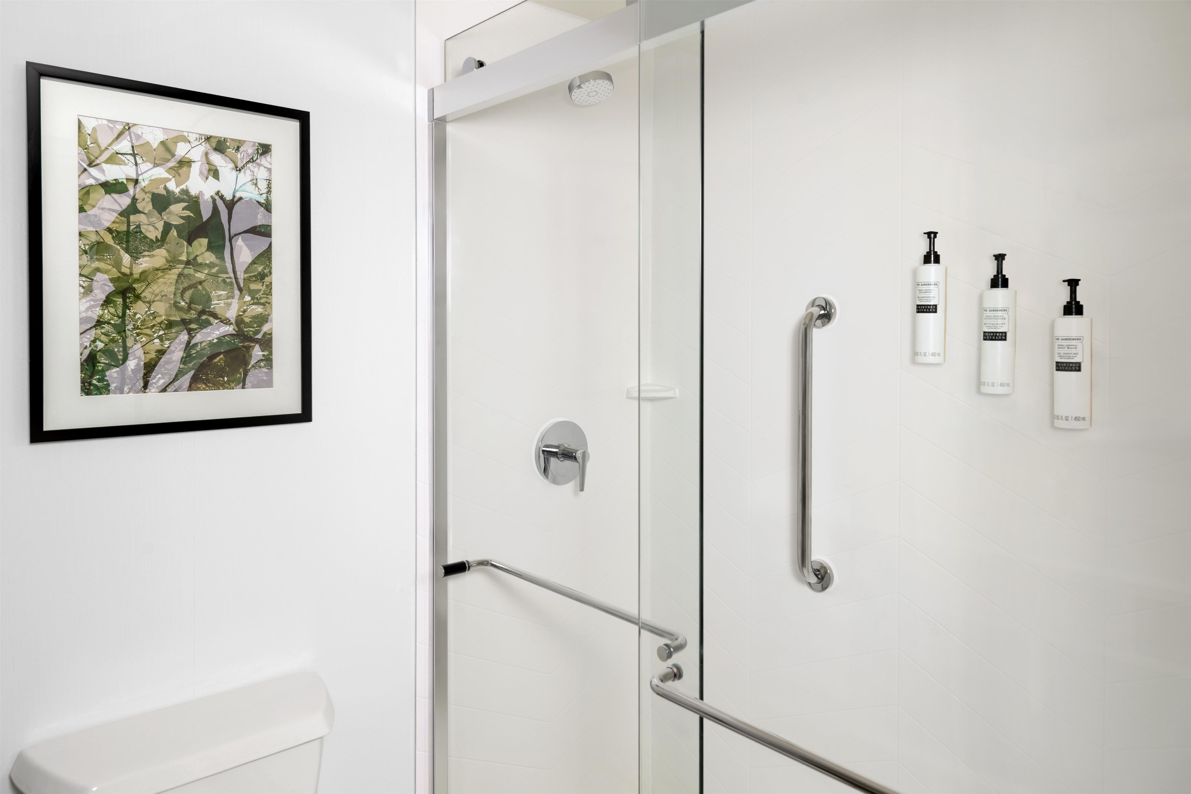 A bathroom with a glass shower door, a framed picture on the wall, and toiletries mounted on the wall.