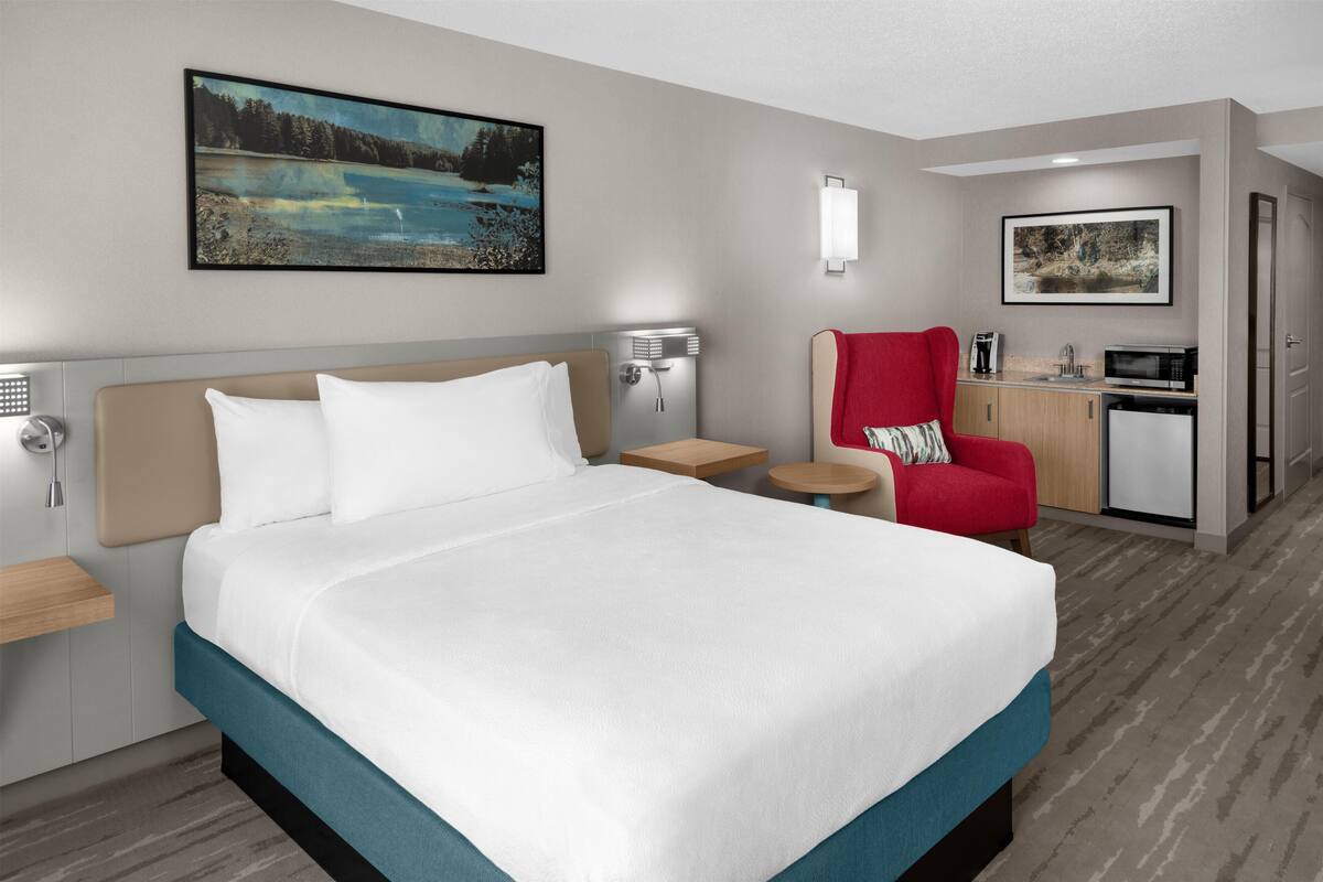 Una habitación de hotel con cama, escritorio, silla, microondas y obras de arte en las paredes.