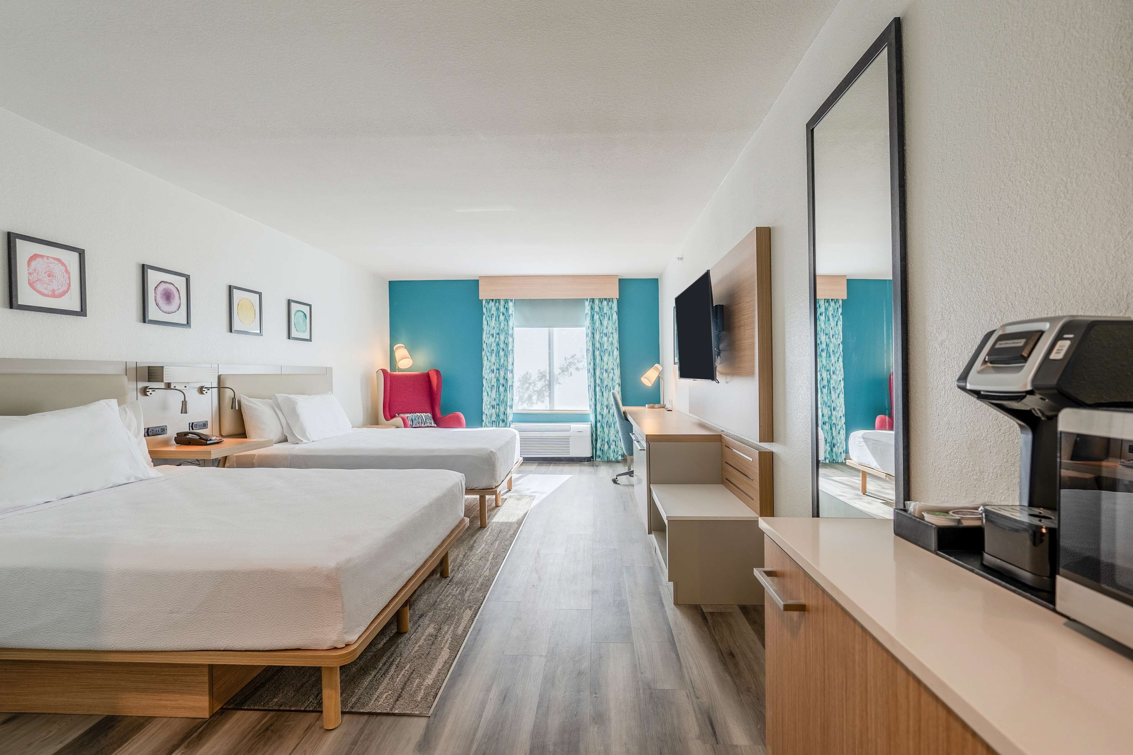 premium bedding, down duvets, desk, blackout curtains