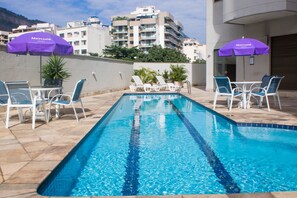 室外游泳池，開放時間為 08:00 至 20:00，提供泳池遮陽傘和日光浴躺椅