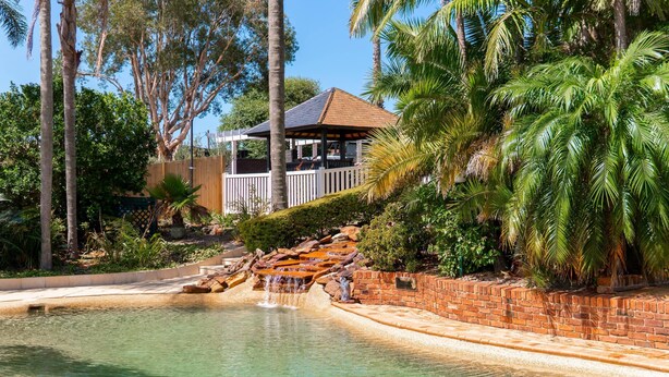 Una piscina cristalina con una cascada, rodeada de palmeras y una terraza de madera.
