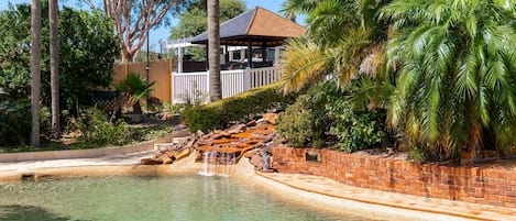 Outdoor pool, open 8 AM to 8 PM, sun loungers
