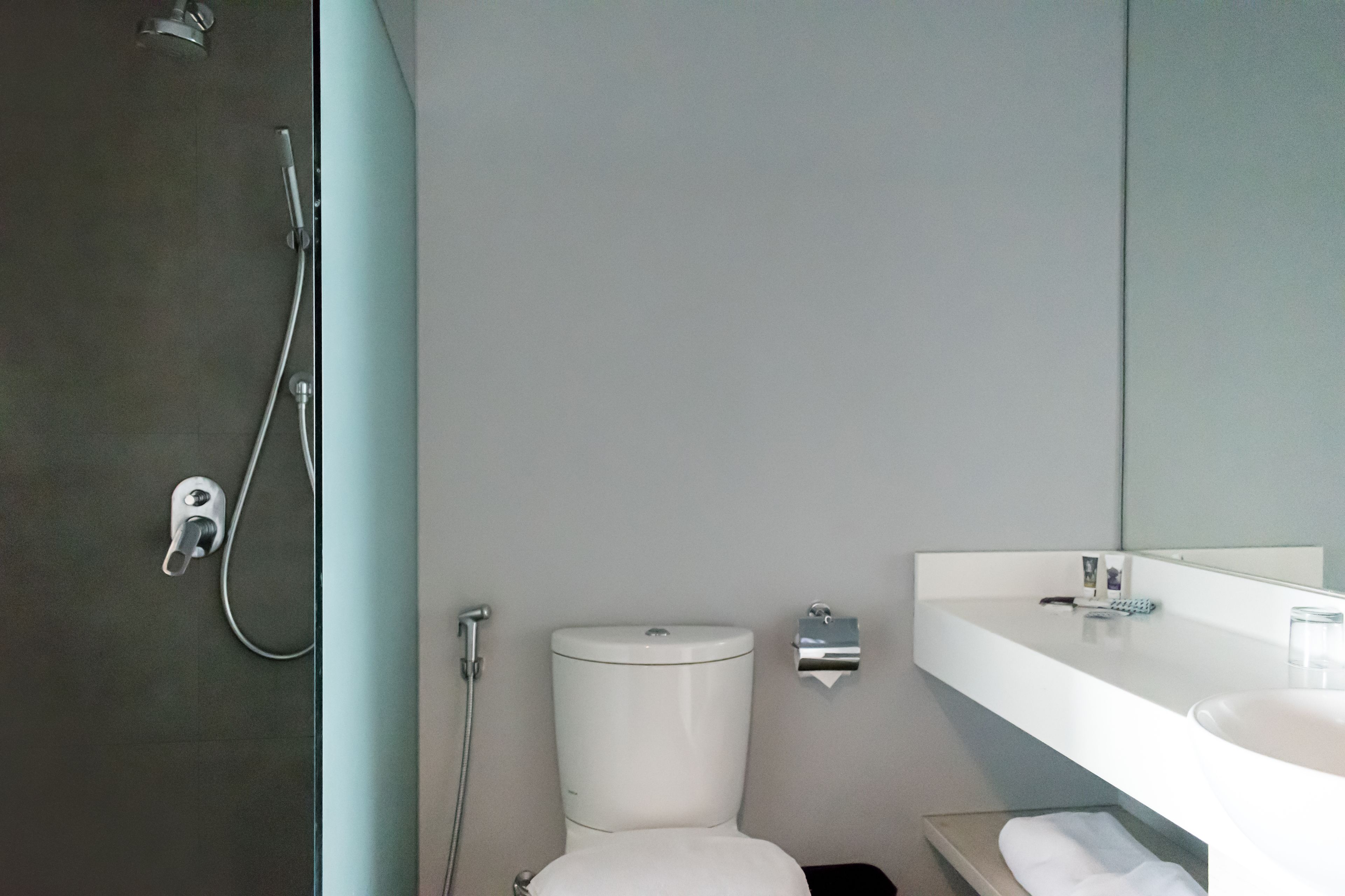 Un baño moderno con ducha, inodoro y lavamanos.