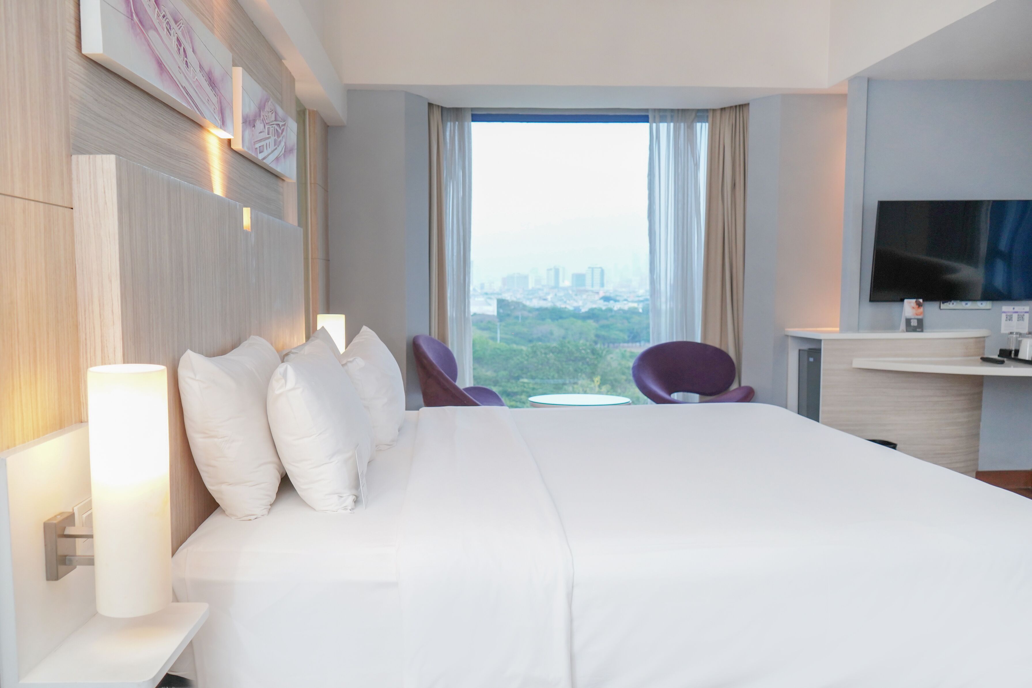A hotel room with a large bed, a desk, a chair, a TV, and a window with a city view.