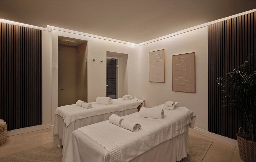 A spa room with two massage tables, a potted plant, and a framed artwork on the wall.