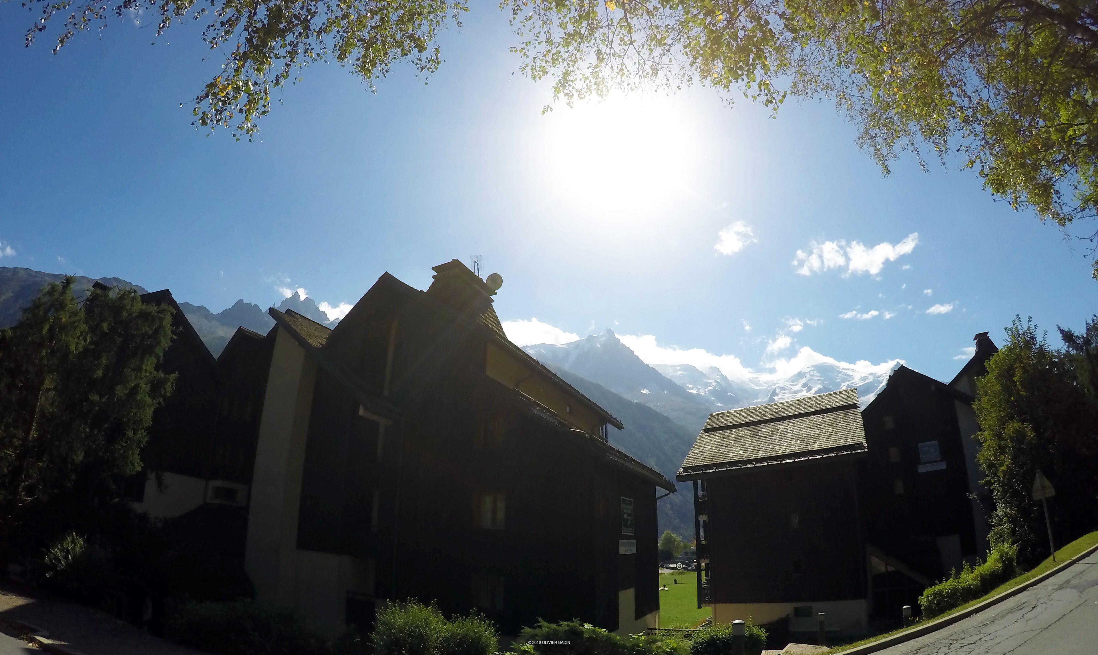A traditional chalet with a sloped roof, surrounded by lush greenery and a clear view of snow-capped mountains in the background.