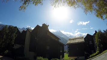 A traditional chalet with a sloped roof, surrounded by lush greenery and a clear view of snow-capped mountains in the background.