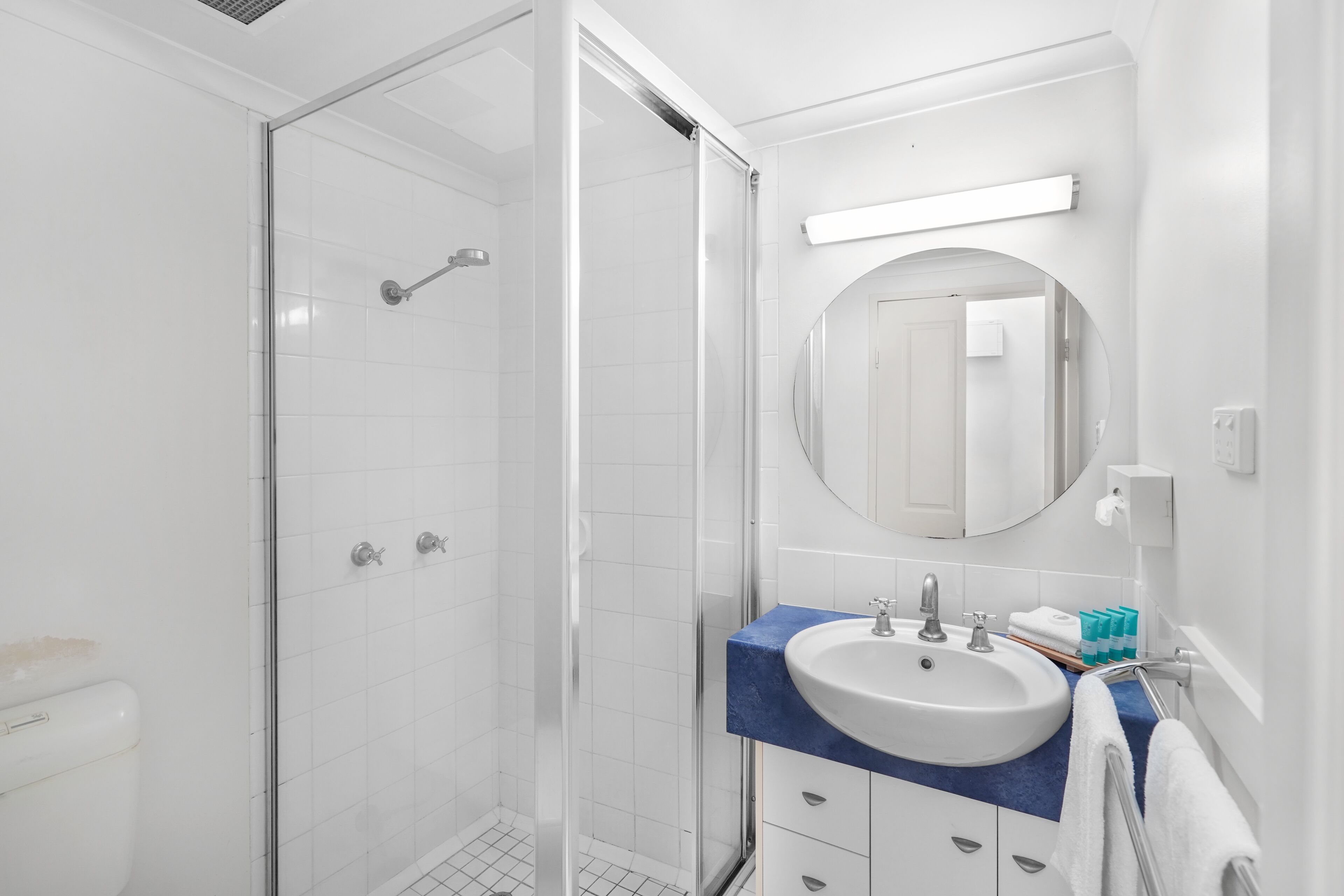 ocean view studio apartment | bathroom | shower, free toiletries, hair dryer, towels