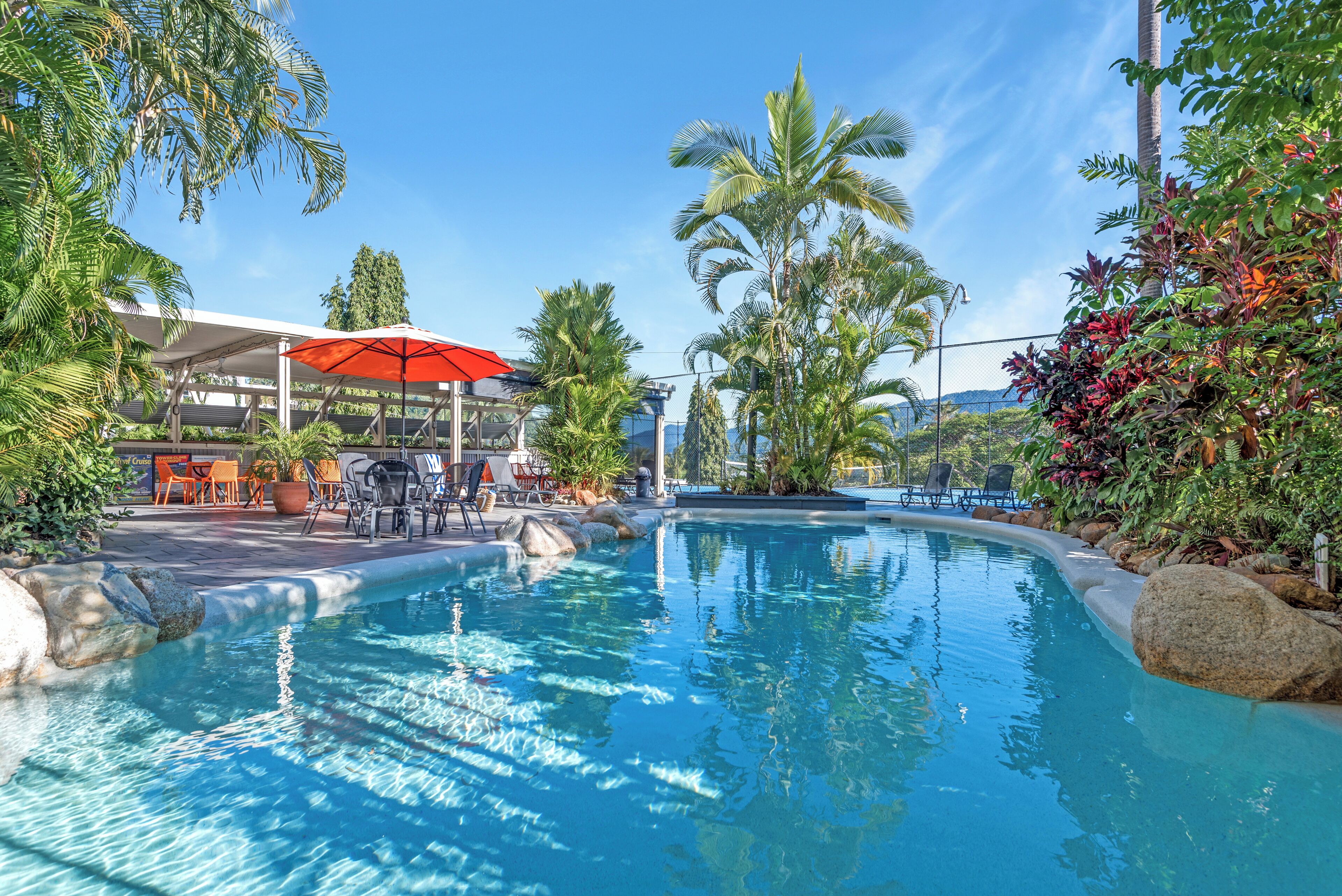 outdoor pool, pool loungers